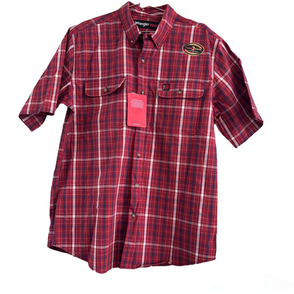 New Men's Wrangler Riggs Workwear Short Sleeve Shirt in Red Plaid Size Large